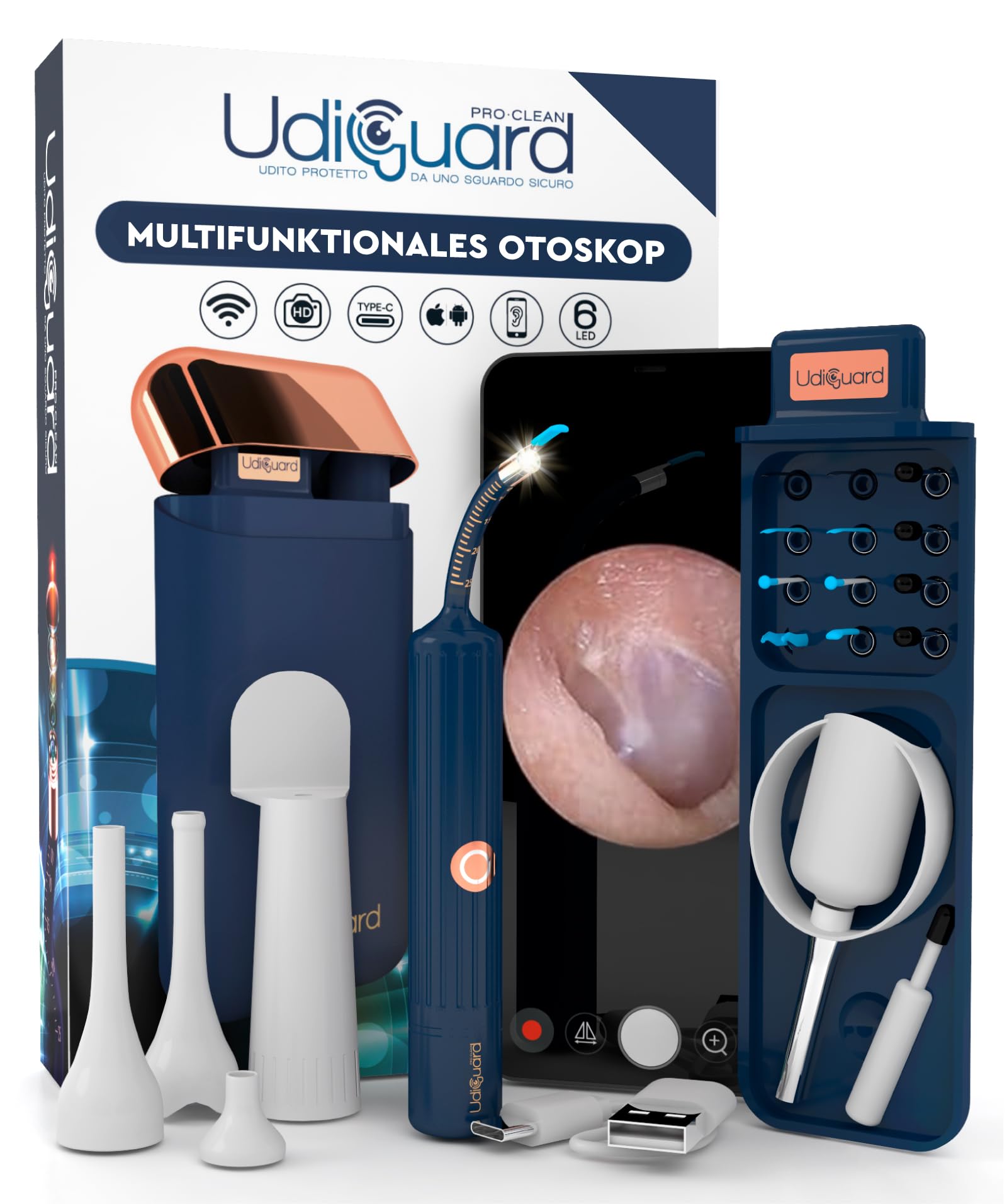 Ohrenschmalz Entferner Otoskop Ohrenspiegel 10MP-HD-Kamera WiFi UdiGuard Pro-Clean Flexibler Digitaler Ohrreiniger mit Pinzette und Austauschbaren Spitzen - Erwachsene und Kinder Hals-Nasen-Ohren-Set