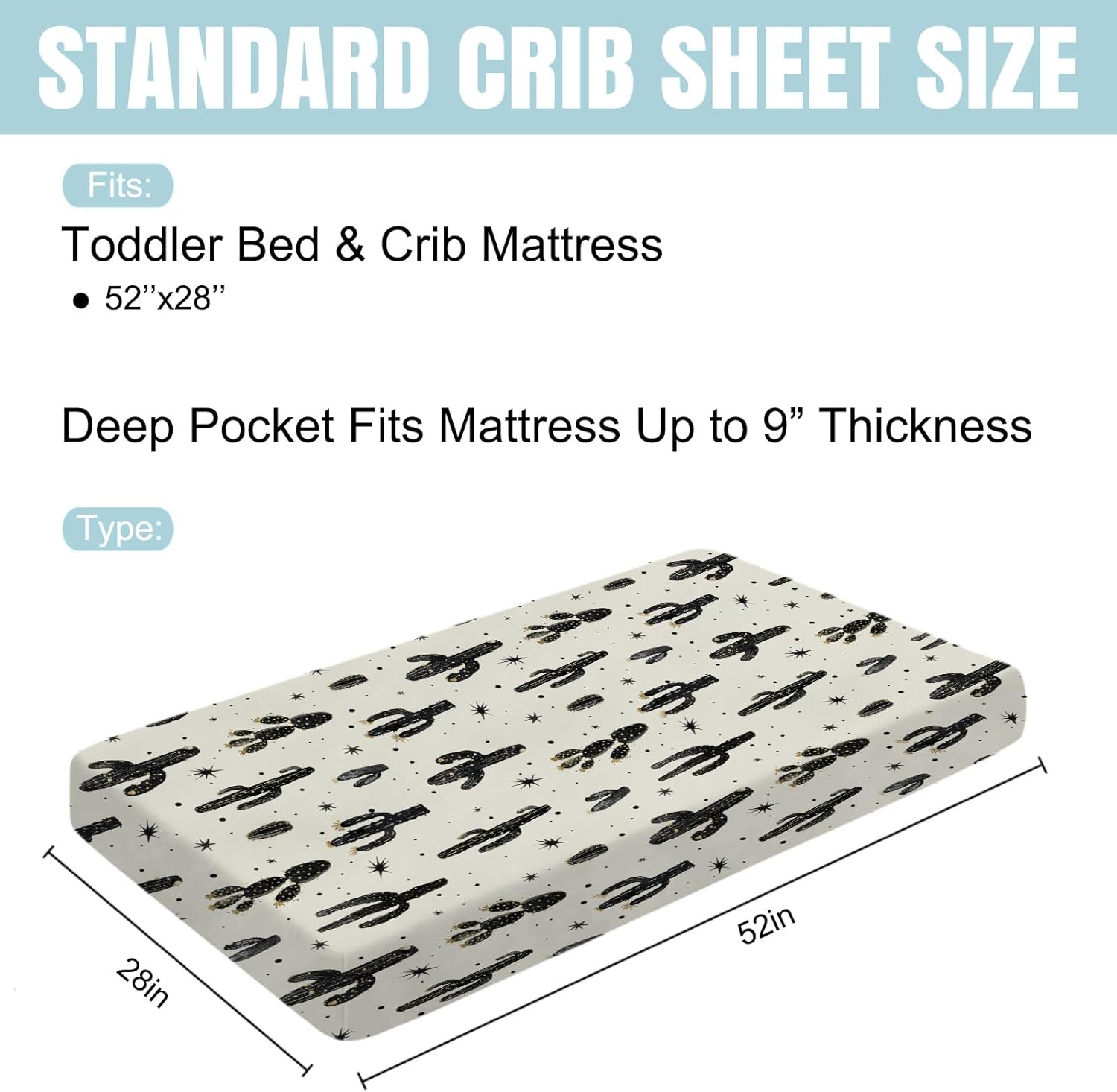 Boho Cactus Baby Crib Sheet 52''x28'' Retro Black Golden Cactus Fitted Crib Mattress Cover Wild Cactus Soft Baby Sheet for Boy Girl Western Plants Nursery Bedding for Standard Crib Toddler Mattress