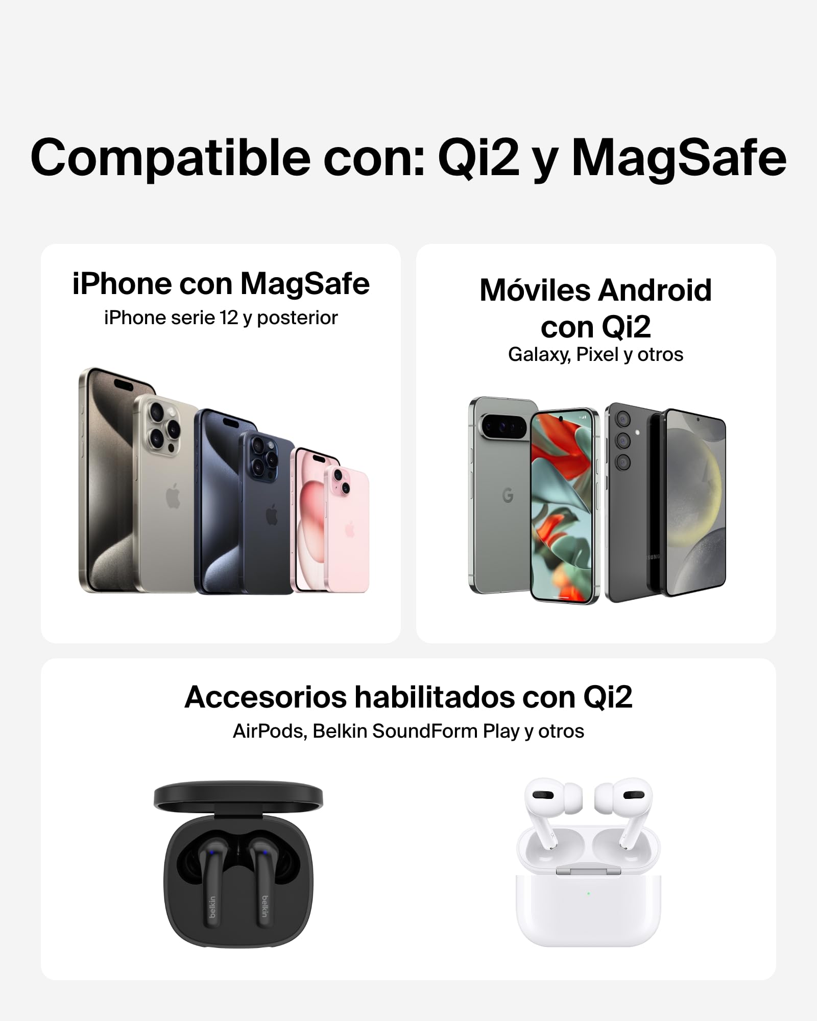 Belkin Cargador Inalámbrico Compatible con MagSafe, Base de Carga Magnética 15W, Certificación Qi2, iPhone 17, Air, Samsung Galaxy S25, Pixelsnap y AirPods - con Fuente de alimentación - Negro