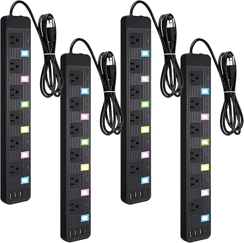 Saysurey Paquete de 4 regletas de alimentación de 6 tomas con interruptores individuales, regletas de metal resistente con cable de extensión de 6