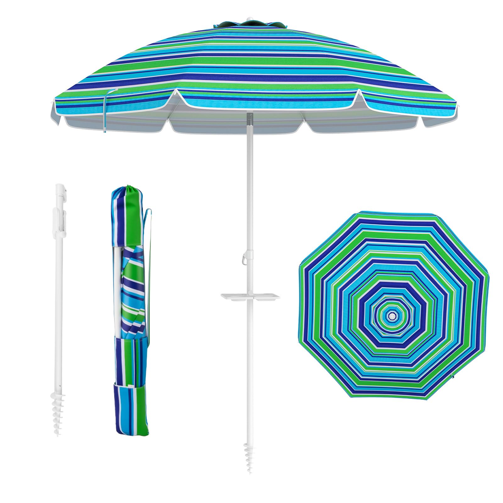 RELAX4LIFE Ombrellone da Spiaggia diametro 220 cm con Vassoio, Ombrellone da Mare Inclinabile a 8 Stecche con Air Vent, Protezione solare e impermeabile, Borsa di Trasporto Inclusi (Modello 4)