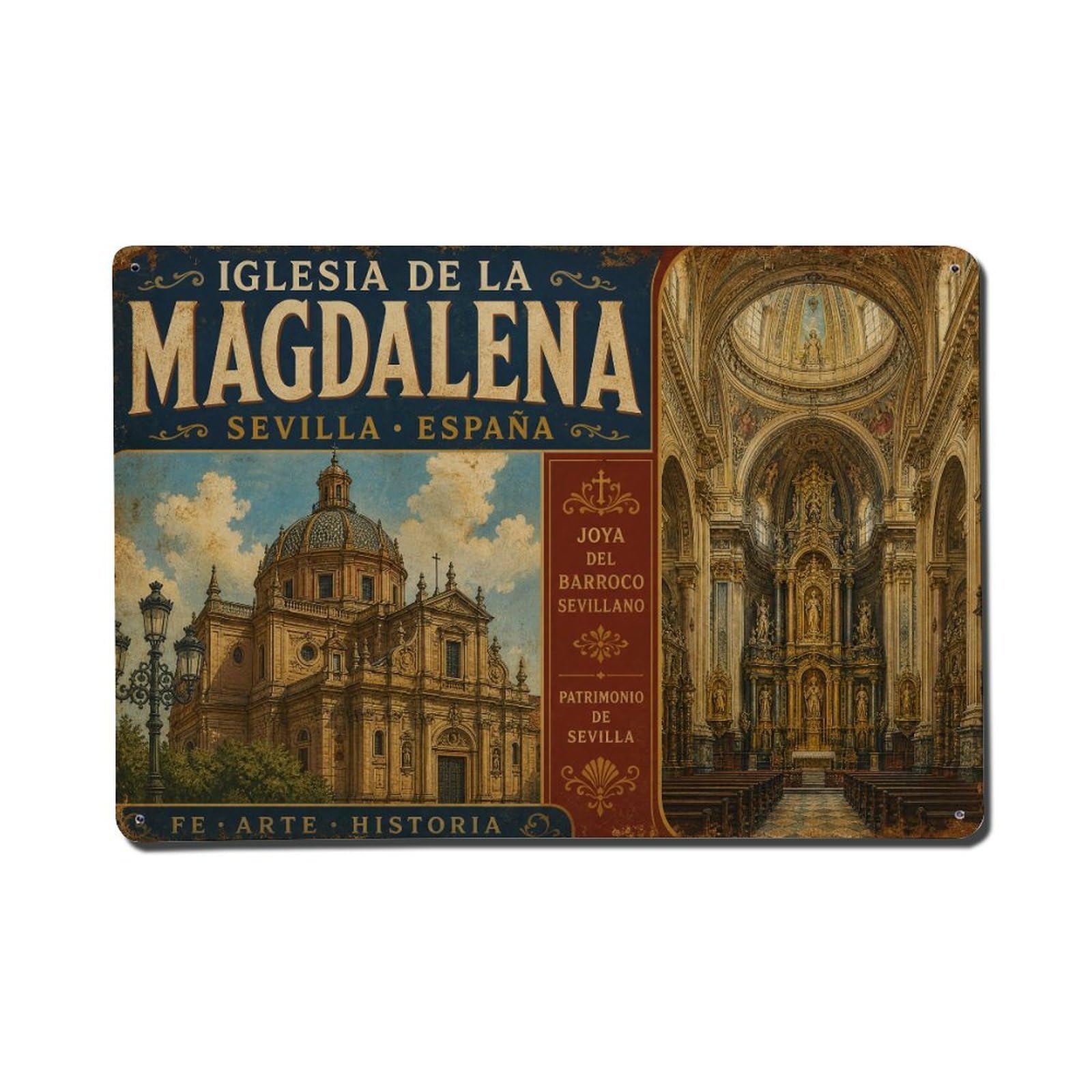 Vintage Travel Iglesia Magdalena Seville Baroque Church Metal Tin Sign
