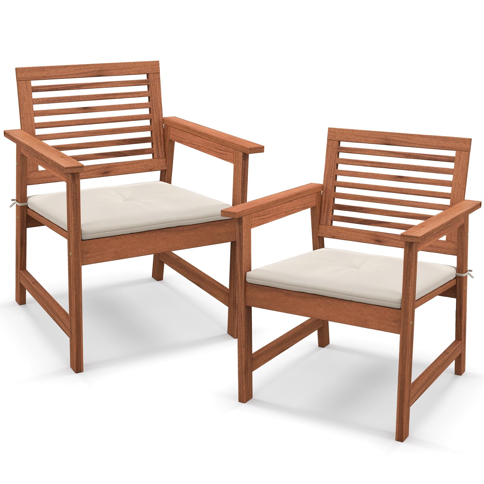 GOPLUS - Juego de 2 sillas de patio de madera maciza, con cojines cómodos, asiento con láminas transpirables, reposabrazos desmontables, sillón de exterior para balcón, porche, piscina, carga 120 kg,