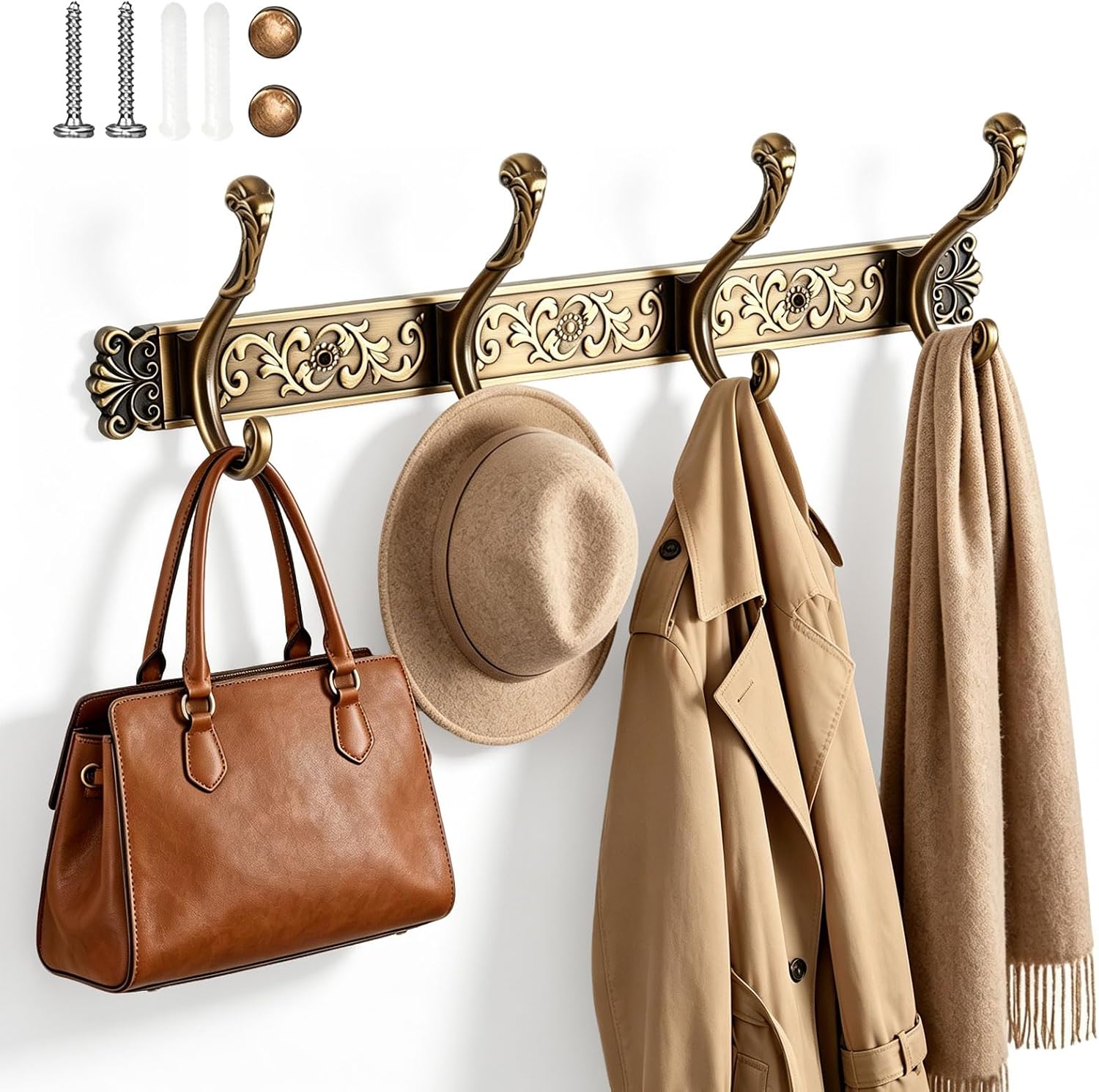 Vintage Coat Rack Wall Mounted, Antique Brass Decorative Wall Coat Rack with Hooks for Hanging Key Purse Hat Robe Towel Clothes for Bathroom Entryway (4 Hooks, Antique Lace)