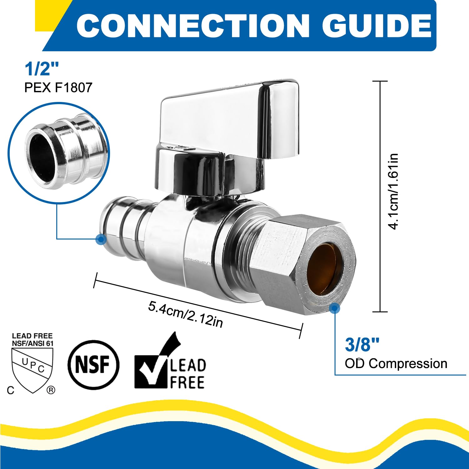 Válvula de parada recta de 1/4 de giro, crimpado de 1/2 pulgada Pex F1807 x 3/8 pulgadas OD compresión para inodoros y grifos, latón chapado en níquel sin plomo (paquete de 6)