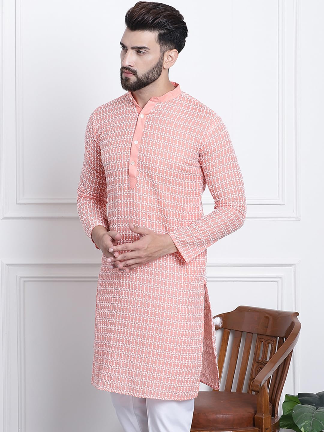 Sojanya (Since 1958 Men's Pure Cotton Peach With White Embroidery Only Long Kurta