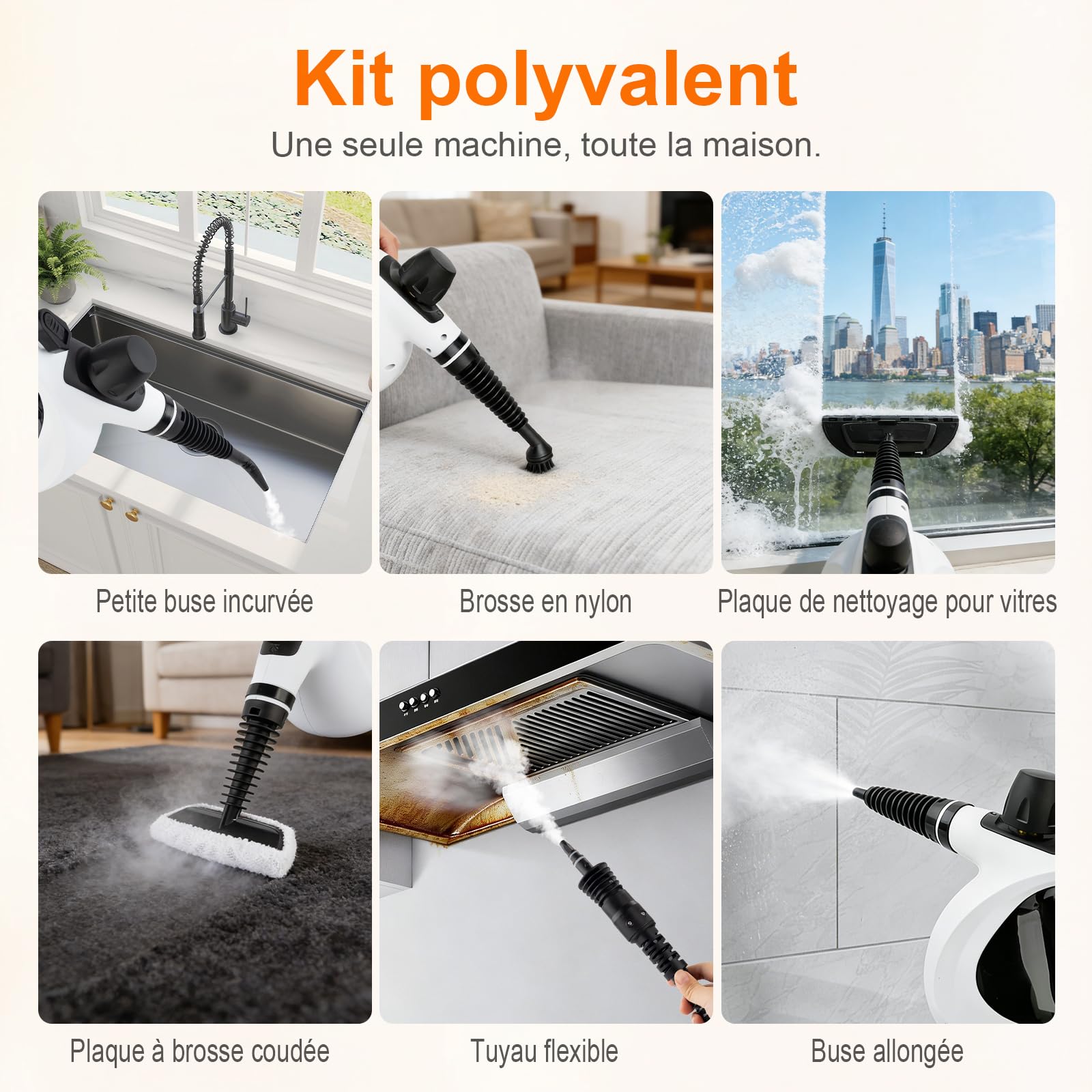 Ibergrif Nettoyeur Vapeur Portatif, 1050W avec 9 Accessoires, 3 Bar Haute Pression, Solution Sans Produits Chimiques, pour Canapé, Cuisine, Joints et Vitres, 350ml, Blanc