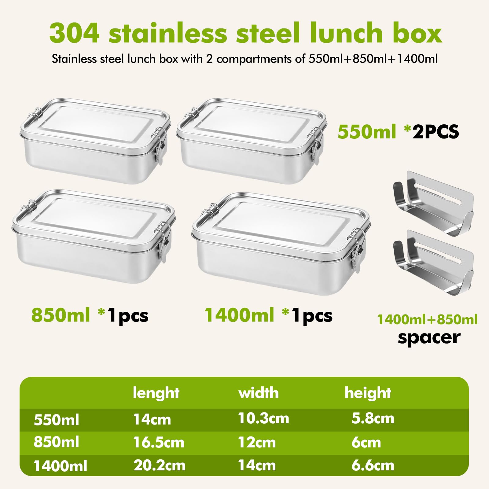 4 fiambreras de acero inoxidable en los volúmenes 1400/850/550/550 ml, acero 304 bento cajas con 2 compartimentos para sopa, ensaladas y comidas restantes, apilables a prueba de fugas