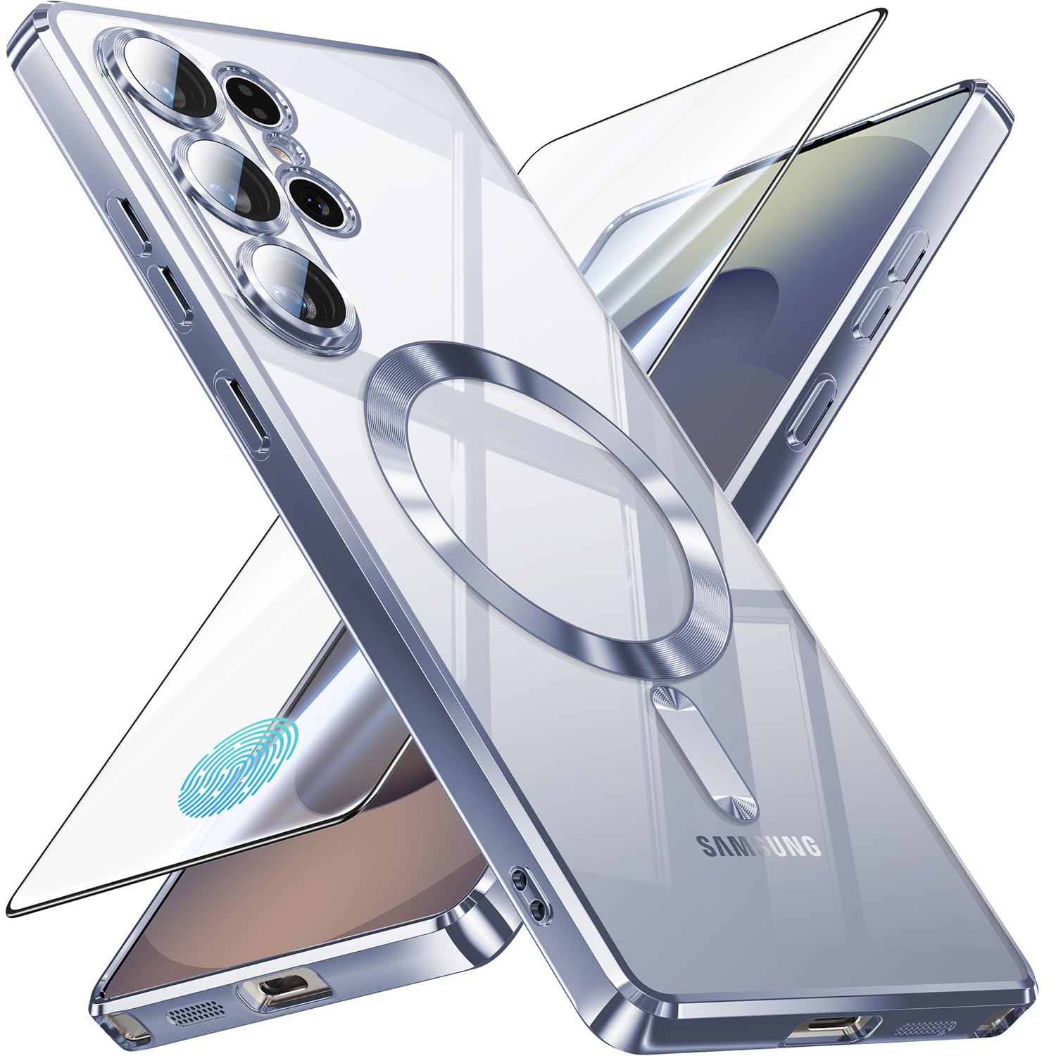 JUESHITUO Cover per Samsung Galaxy S25 Ultra con Protezione dello Schermo, Protezione della Fotocamera Integrata con MagSafe, Protezione Mil-Grade Shockproof Slim Custodia, Argento Titanio Blu