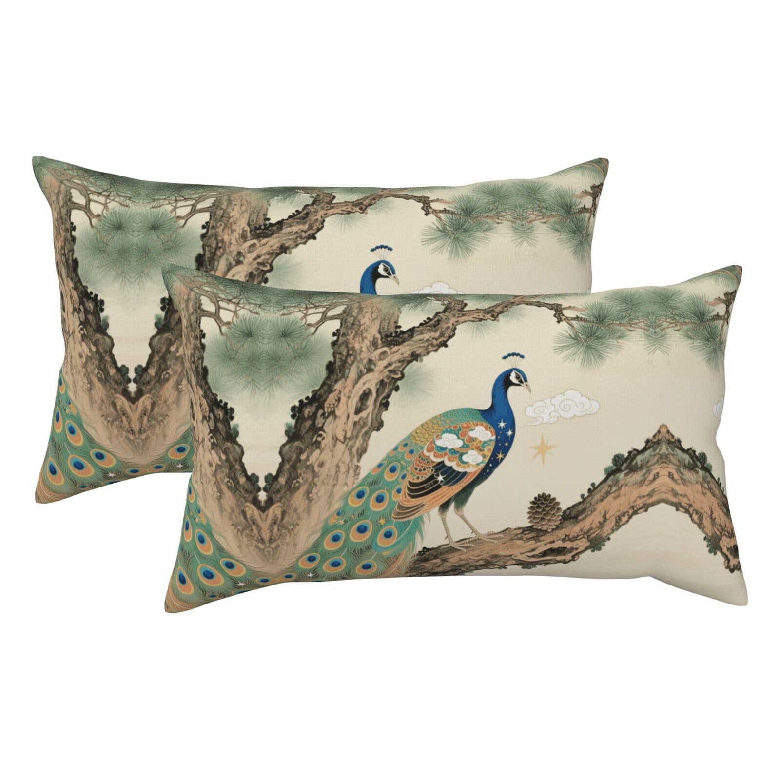 Colorful Peacock on a Tree Branch Luxury King Pillowcases Set of 2, Plush Velvet Feel Pillow Covers with Hidden Zipper, Skin & Hair Friendly, 20x36 Inches Pillow Cases for Sleeping Gift