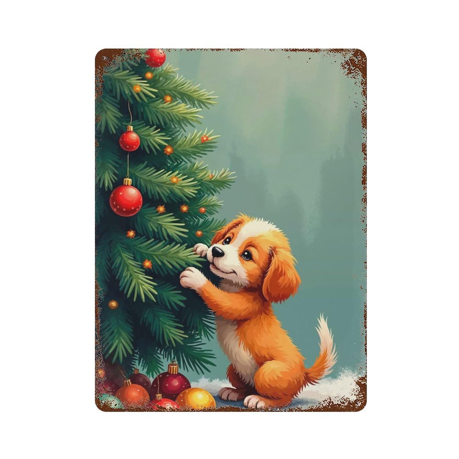 Puppy Decorating Christmas Tree Distressed Metal Wall Sign 15.7"x11.8", Ideal for Cafe, Home Bar And Lounge Decor