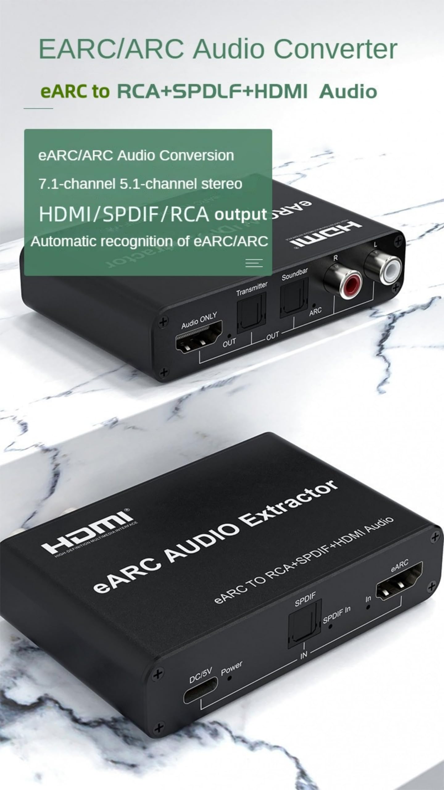 Ekstraktor audio HDMI eARC ARC, Dolby Atmos 7.1-kanałowy konwerter audio, adapter rozgałęźnika HDMI 720P eARC na RCA SPDIF do TV, odtwarzacza DVD i listwy dźwiękowej