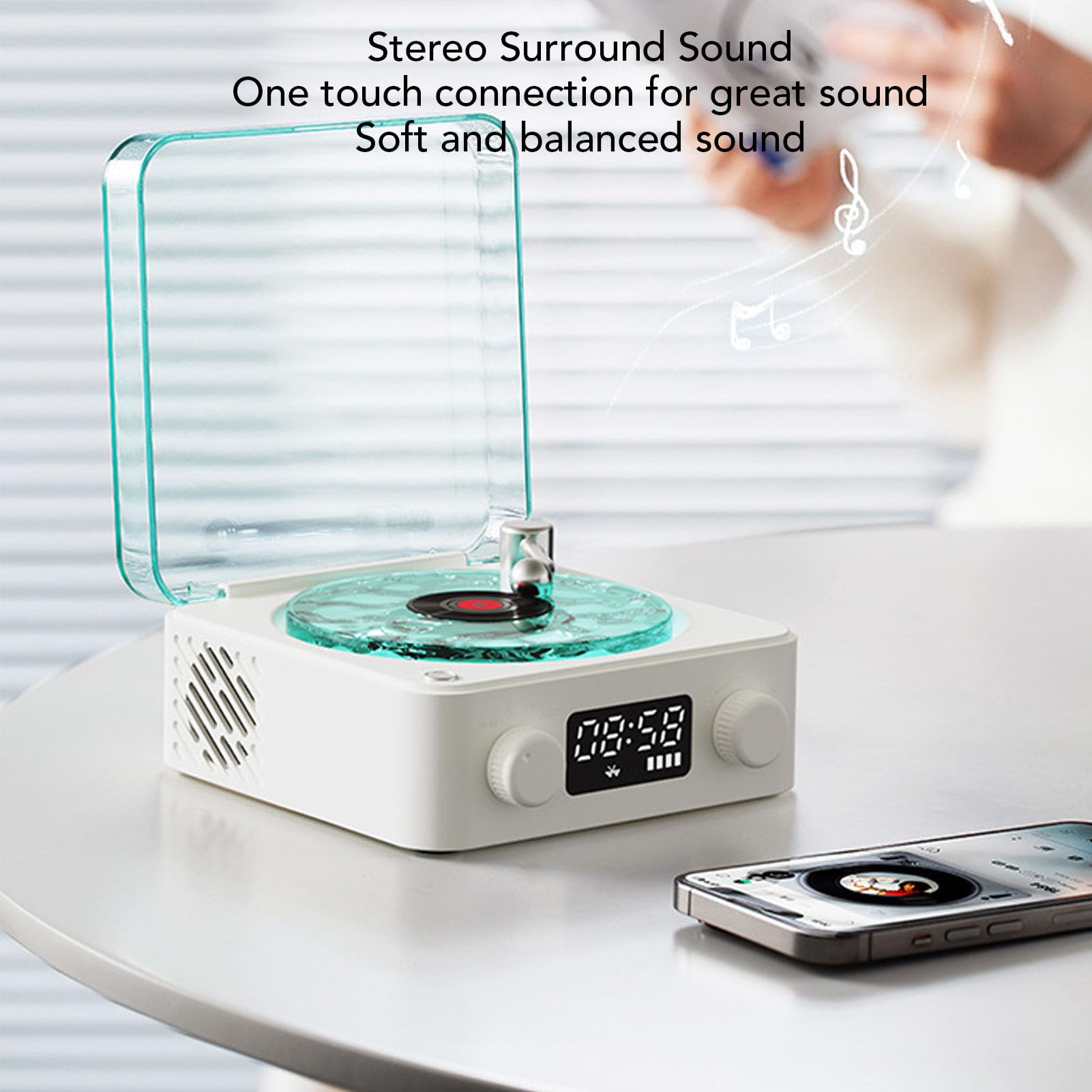 VELATEMOR Retro Stereo Speaker with Night Light, Clock, Crystal Clear Sound, Rich Bass Record Player Speaker, Time Display - Image 3