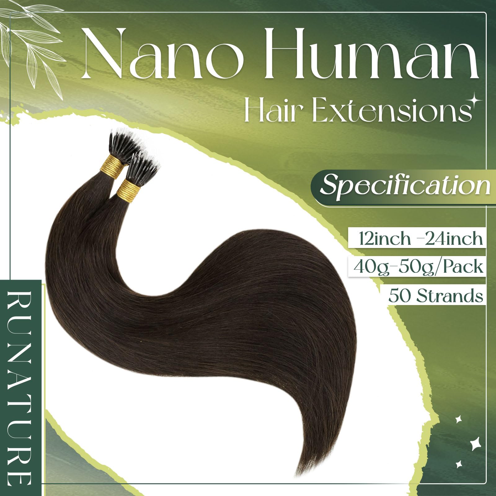 RUNATURE Nano Hair Extensions Real Human Hair Darkest Brown Nano Tip Real Hair Darkest Brown Cold Fusion #2 12 inch 40g - Image 2