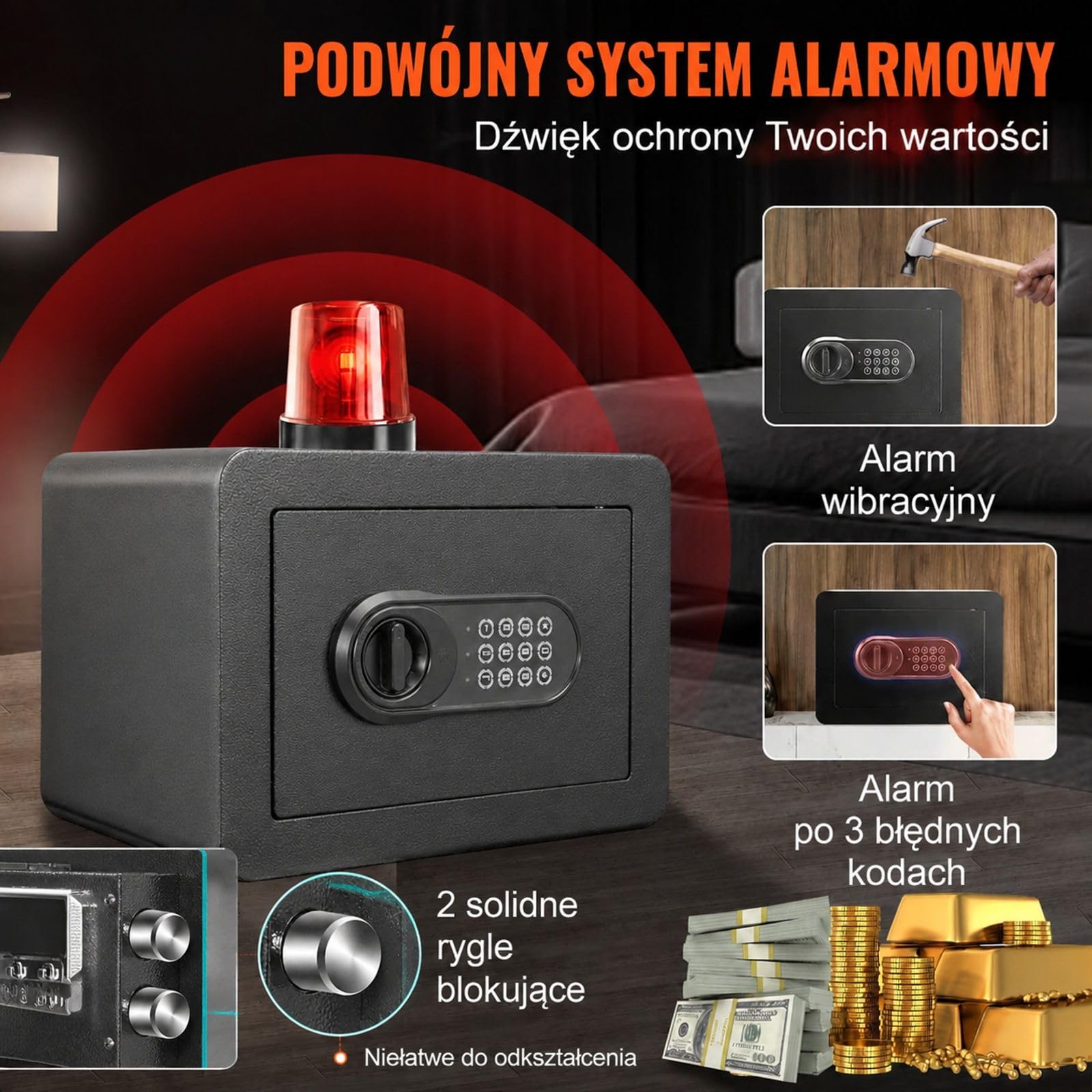 Sejf meblowy z hasłem i kluczem, wyjmowana półka, czarna stalowa obudowa do domu i biura