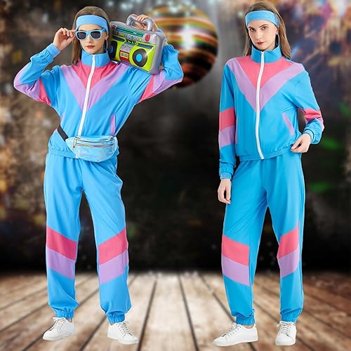 Miniatura 5 de Traje deportivo de los años 80 para mujer, traje de los años 80 y 90, traje retro rompevientos de 2 piezas, conjunto de chándal con chaqueta