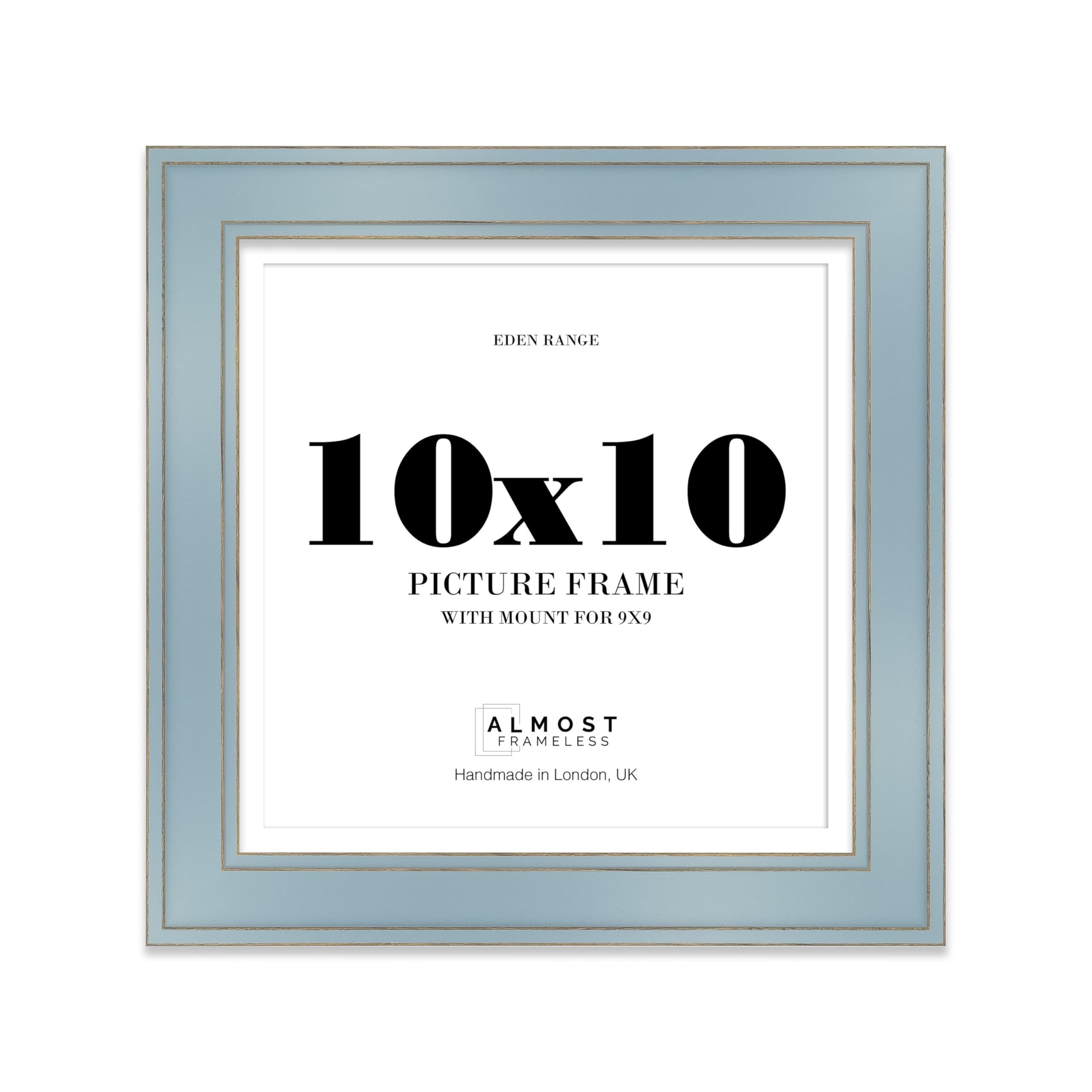 10x10" Cornflower Blue Square Picture Frame with 9x9" Mount - Shabby Chic Photo Frame with Distressed Finish, Gold Trim, Wall Hooks and Kickstand, 37mm Edge - 1 Pack