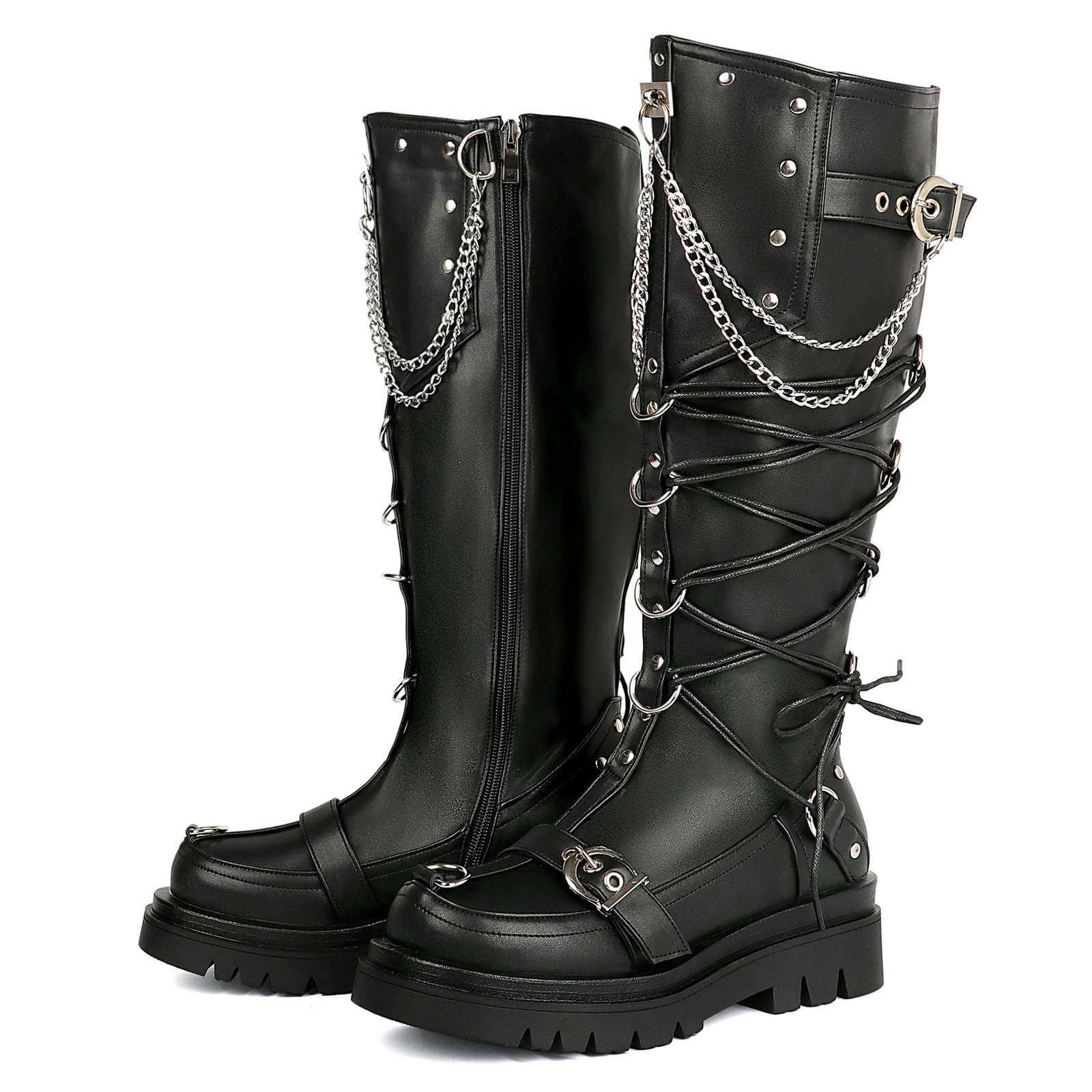 Parisuit Womens Goth Knee High Platform Combat Boots Lace Up Chunky Heel Motorcycle Boots with Chain