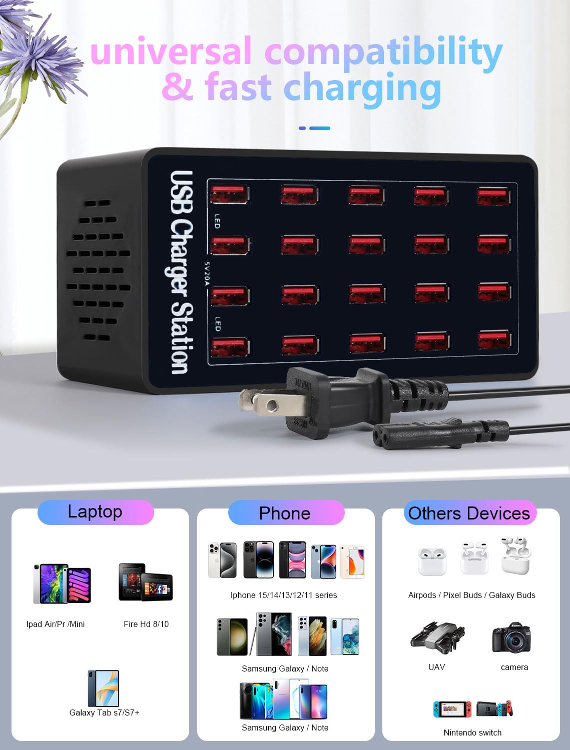 Estación de Carga, estación de Carga USB de 100 W y 20 Puertos, estación de Carga USB múltiple, estación de Carga para múltiples Dispositivos, estación de Carga multiUSB, Cargadores para múltiples
