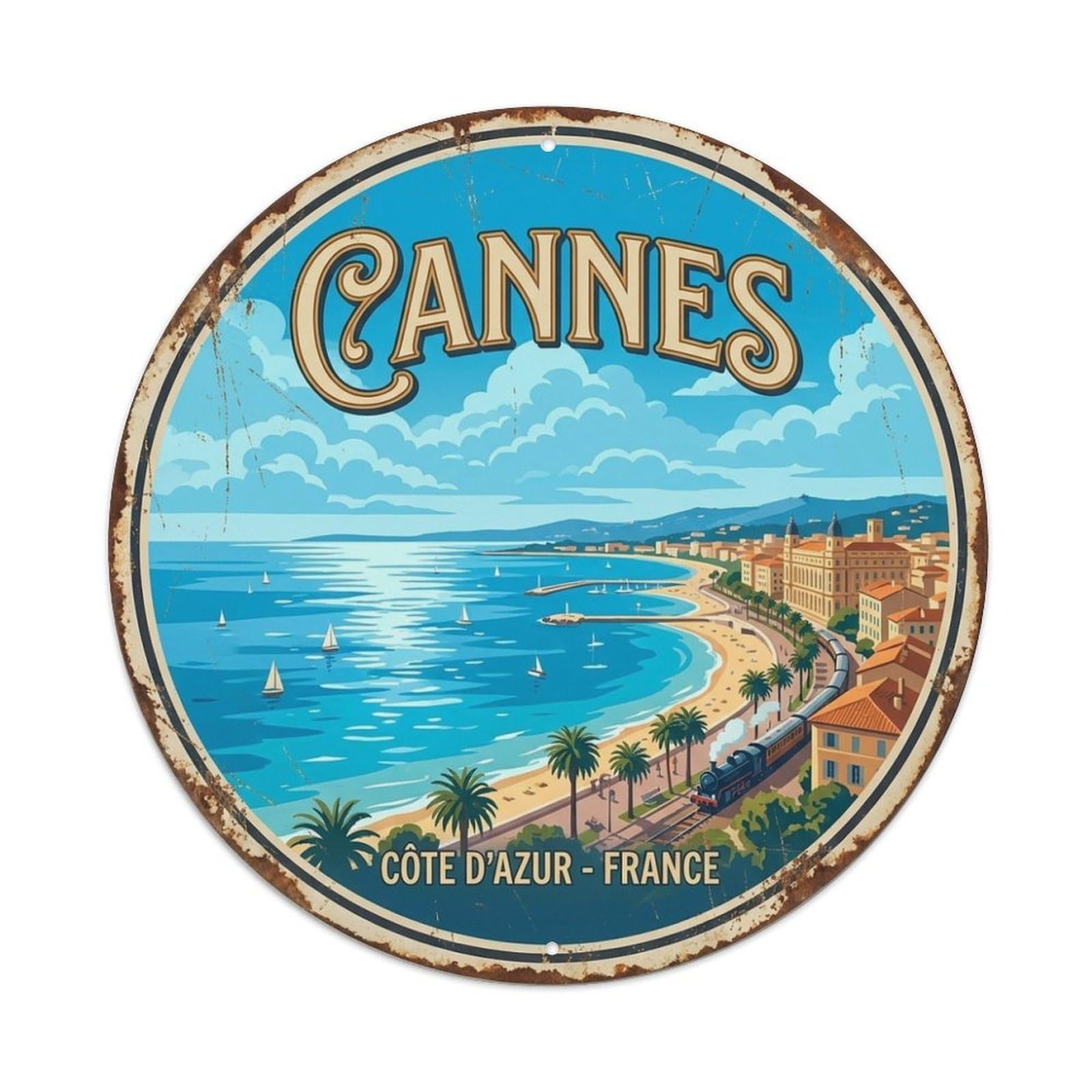 Retro Cannes Azure Coast French Riviera Coastal Travel Metal Tin Sign