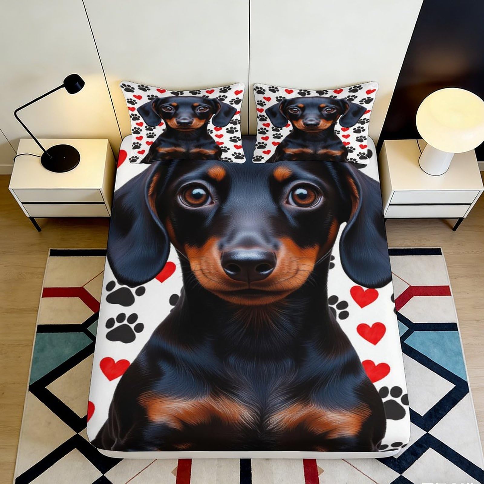 3D Printed Dachshund Dog Fitted Sheet Microfiber Soft Black Brown Heart Paw Mattress Cover for Bedroom Guest Room Decor 90x200x25cm