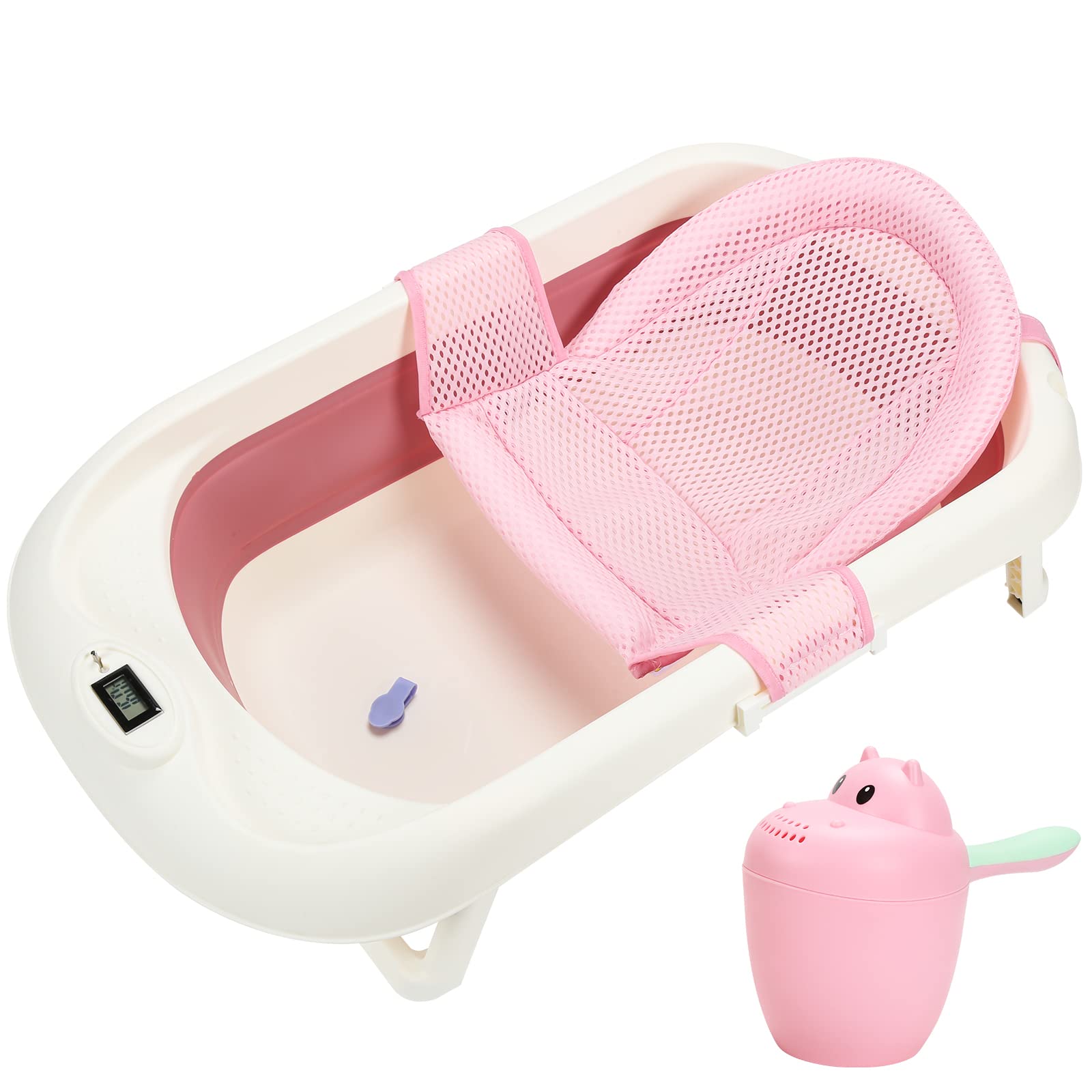 Vaschetta Bagnetto, Pieghevole Vasca da Bagn per Bambini, Portatile Vaschetta Baby Bagno con Indicatore di Temperatura, 3-in-1 Bagnetto Neonato, Vaschetta per Bagnetto per 0-6 Anni,Rosa
