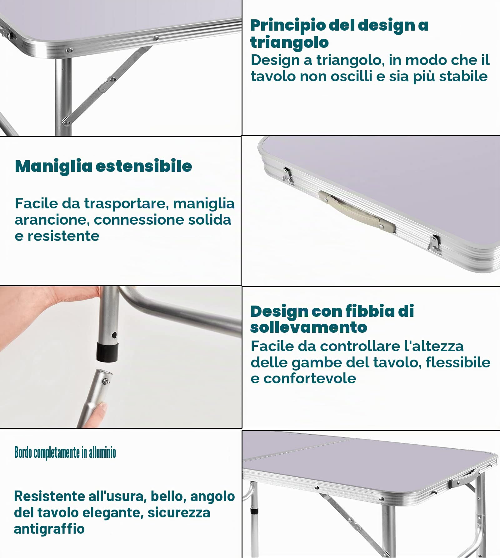 Tavolo pieghevole da picnic, 90 cm, in alluminio resistente, portatile, regolabile in altezza, leggero, per campeggio, con maniglia per il trasporto, per cucina, cena, catering, buffet e giardino (90