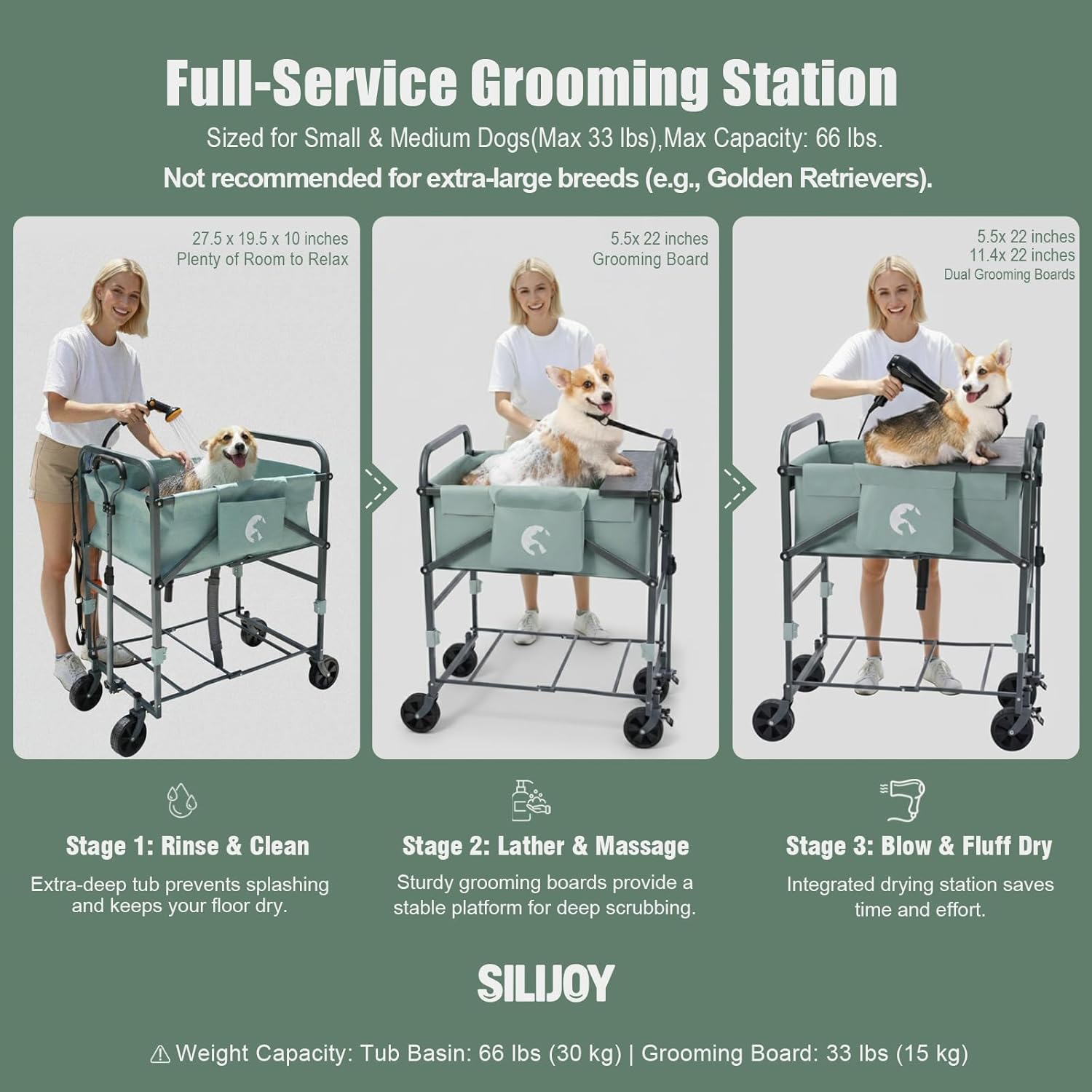 Adjustable Dog Wash Station, 4-Height Elevated Dog Bathtub for Small Medium Dogs (33lbs), Folding 3-in-1 Grooming Tub with Drainage, Indoor Outdoor