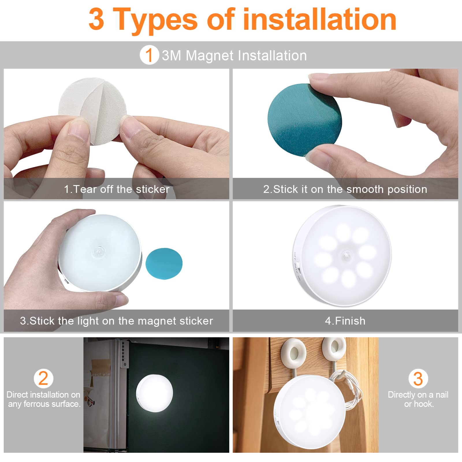 KEWUZY 6-pack Luz Nocturna Sensor Movimiento Recargable por USB, de Armario, 8 LED, 3 Modos (Auto/On/Off) para Armarios, Pasillo, Escalera, Sótano, Garaje(Blanco Frío)