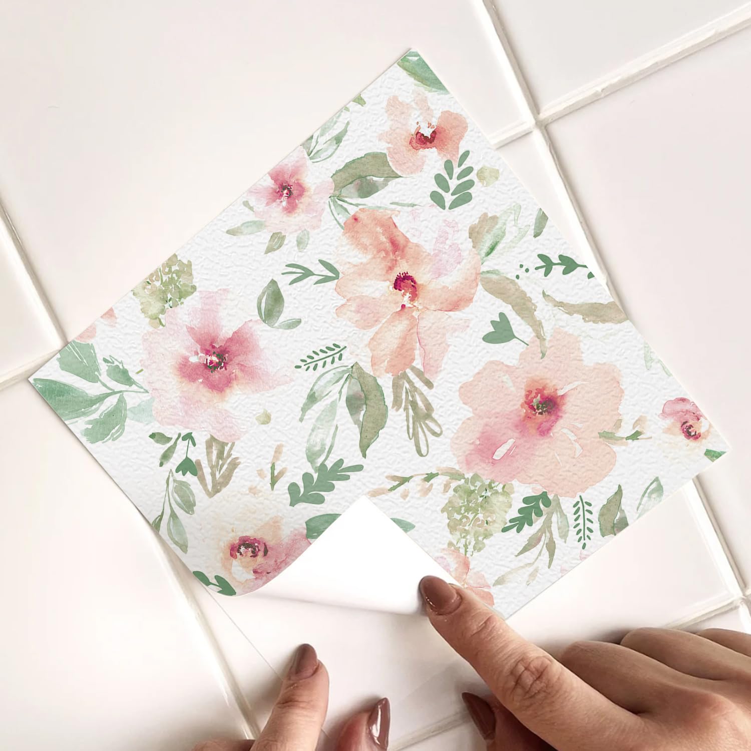 Alwayspon Floral Self-Adhesive Vinyl Wall Tile Stickers, 25Pcs 20cm/8inch Peel and Stick on Tiles Transfer Waterproof Splashback for Kitchen Bathroom