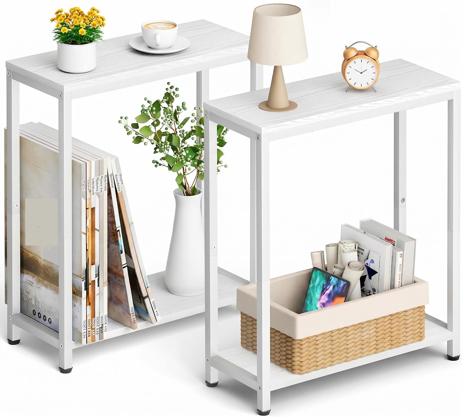 MISSLO Set of 2 Narrow Side Tables, 2 Tier Small Side Table for Living Room, Slim End Table Wooden Bedside Tables with Steel Frames for Bedroom, Sofa, Couch, Skinny Nightstands, White