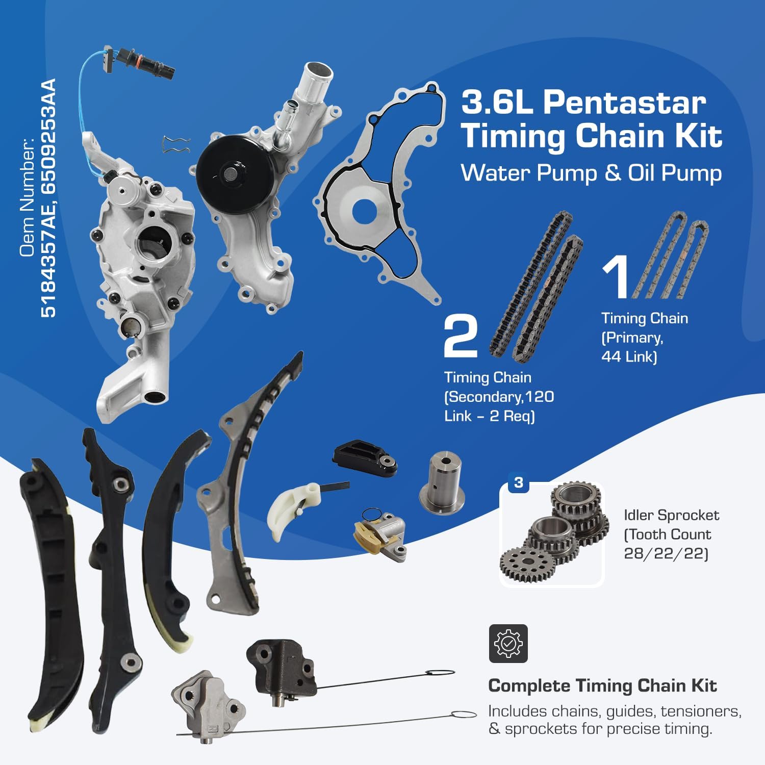 3.6L Pentastar Timing Chain Kit Water Pump & Oil Pump Compatible With 2011-2022 Chrysler Town & Country Grand Cherokee Wrangler Dodge Challenger Durango RAM 1500 3.6L V6 5184357AE 6509253AA