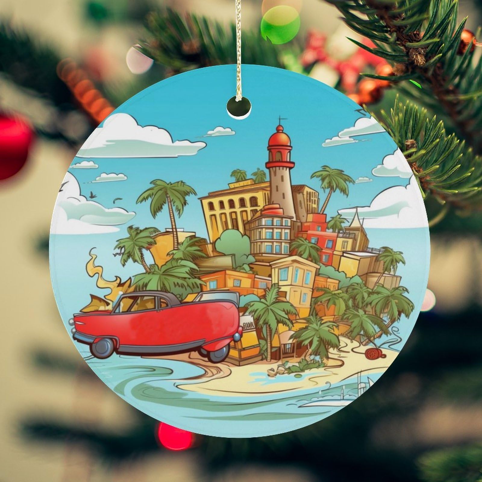 Island of Cuba Christmas Ornament for Christmas Tree Ceramic Round Ornament Winter Holiday Keepsake Gift 2.7" Christmas Tree Hanging Decorations Circle Ceramic Pendant Xmas Gift