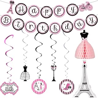 Paris Party Decorations Set, Paris Happy Birthday Banner Dress Honeycomb Centerpiece Eiffel Tower Cutout Paris Hanging Swirl Decoration for Baby Shower Birthday Paris Theme Party Supplies