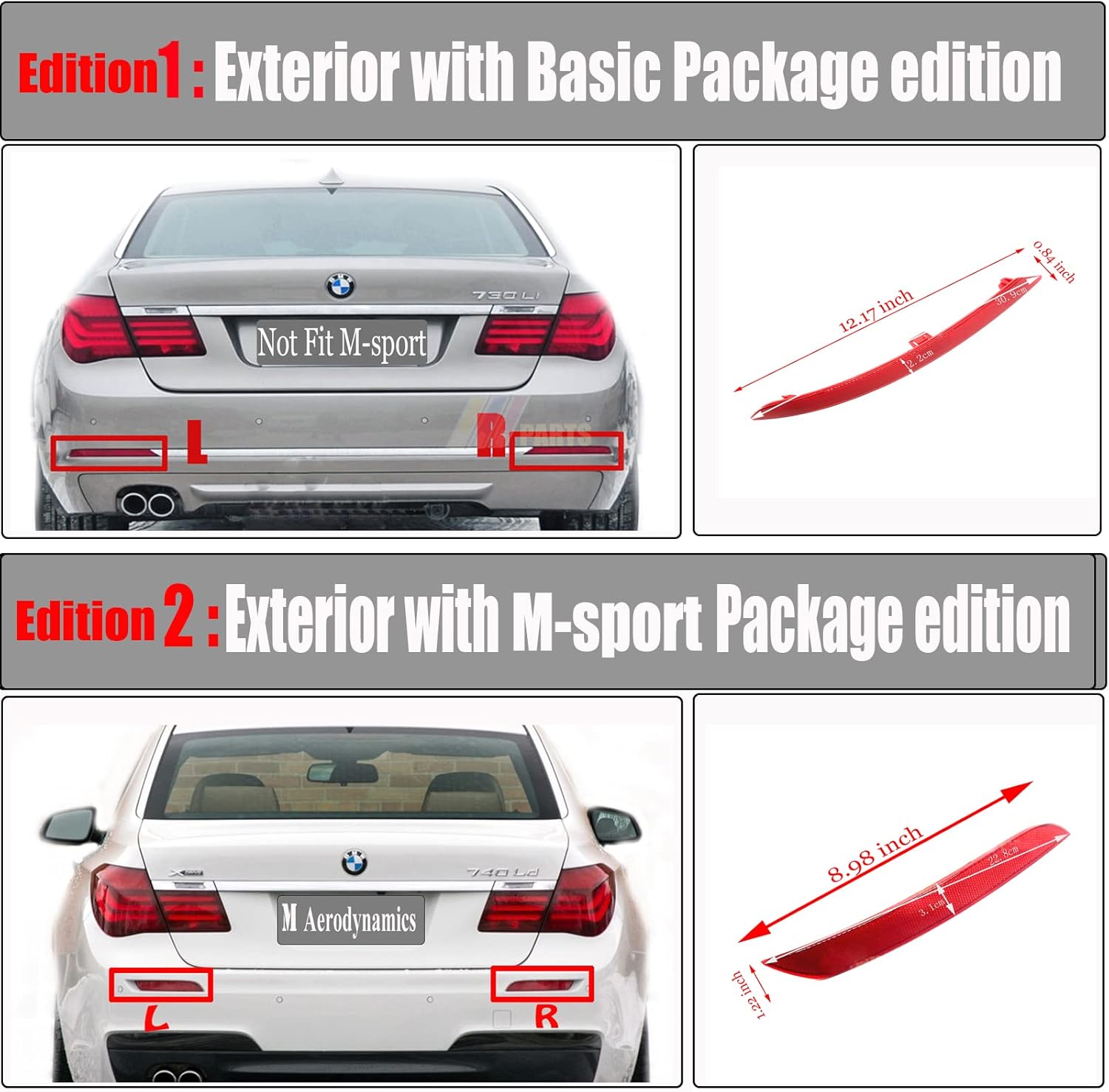 Rear Reflector for 13-15 BMW 7 Series F01 F02 F03 F04 Fit 730i 735Li 740d 745i 760i 740Li 750Li 2013 2014 2015 Bumper Left Right Drive Side 63147311179 63147311180 (Pair)