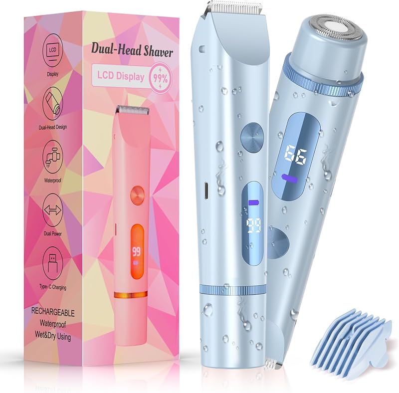 Aparador elétrico feminino 2 em 1 BEIDUONA para corpo e rosto, uso seco e úmido, IPX7, azul