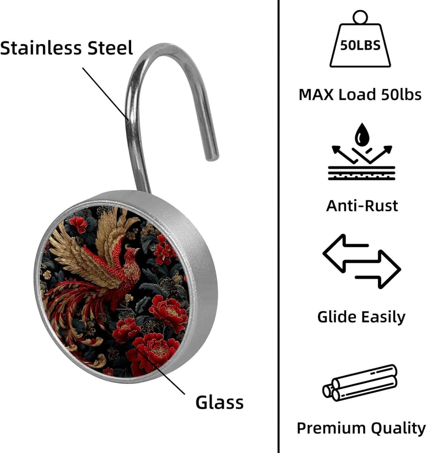 Oriental Phoenix Pattern Round Crystal Glass Decorative Shower Curtain Hooks with 3D Pattern Visual, Rust Proof Shower Curtain Rings-12 Pack