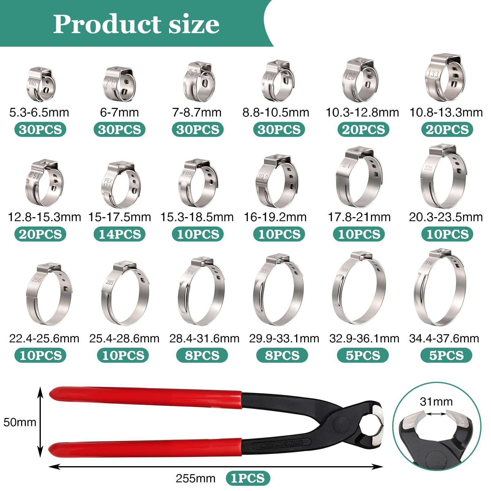 280PZ Fascette Stringitubo a Orecchio Singolo, Fascette di Serraggio Singole, Fascetta a Vite Stringitubo Regolabili, 5.3-37.6mm 18 Misure Fascette Stringitubo in Acciaio Inox 304 con Pinza