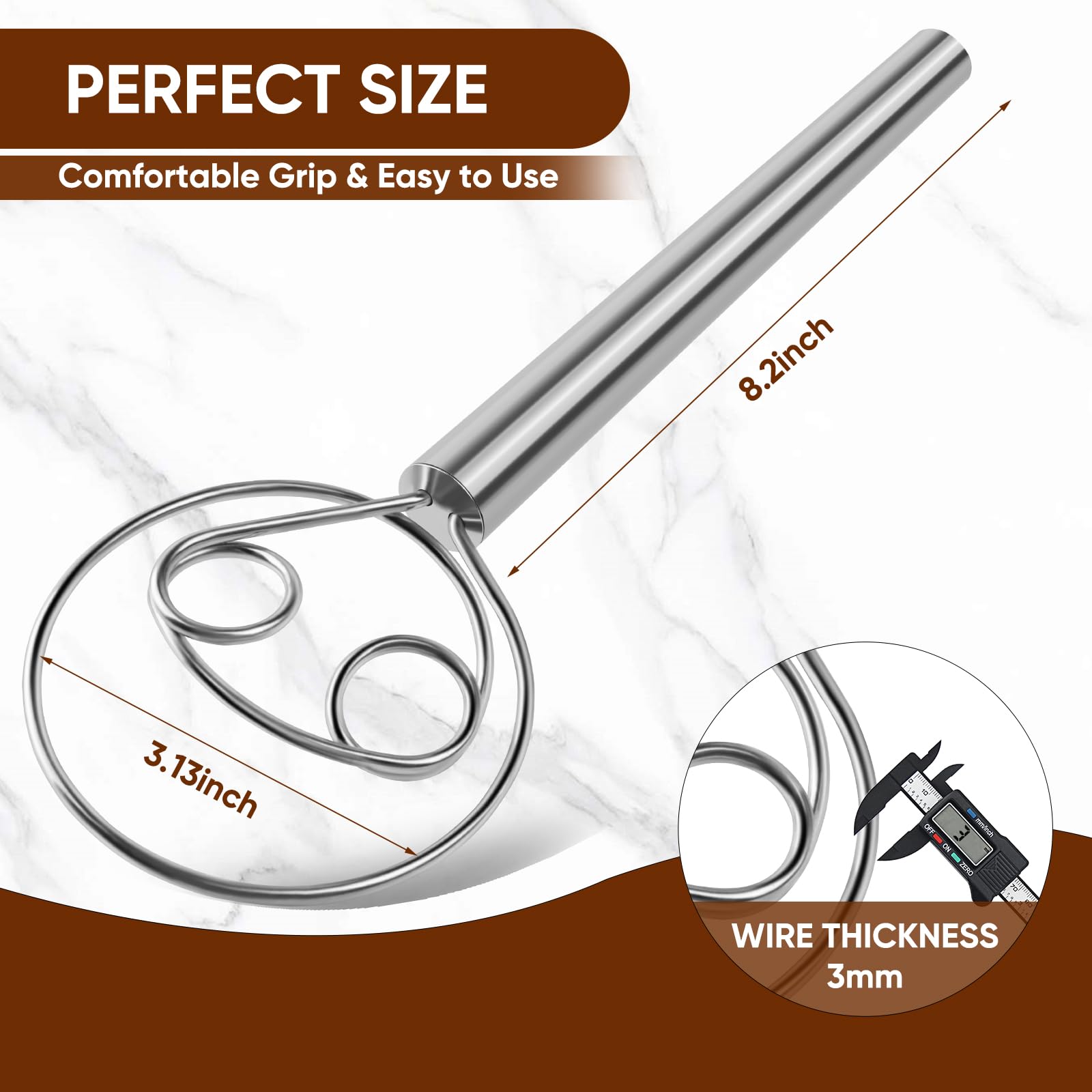 Maxjoy Batidor de masa danés, batidor de pan con gancho de acero inoxidable, batidor tradicional holandés, herramienta manual mezcladora de masa y herramientas y suministros para hacer pan de masa