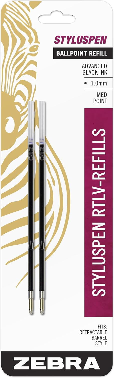 Zebra StylusPen Retractable Ballpoint Pen Refill, Medium Point, 1.0mm, Black Ink, 2-Count