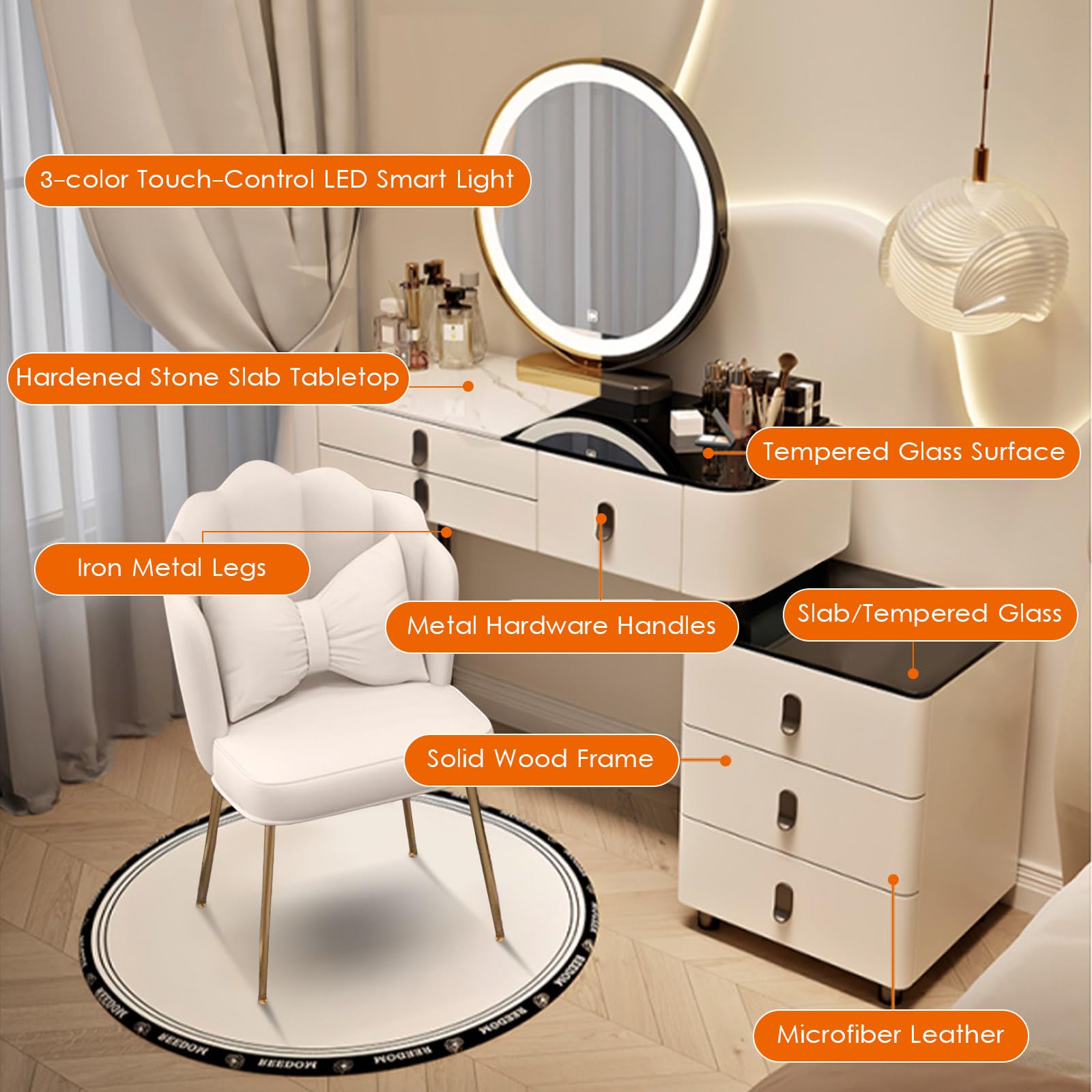 Stylowy zestaw toaletki LED do makijażu z lustrzanymi metalowymi szufladami i kamiennym blatem – idealny mebel do sypialni dziewczęcej ze stołkiem, nowoczesny design i trwałe metalowe nogi