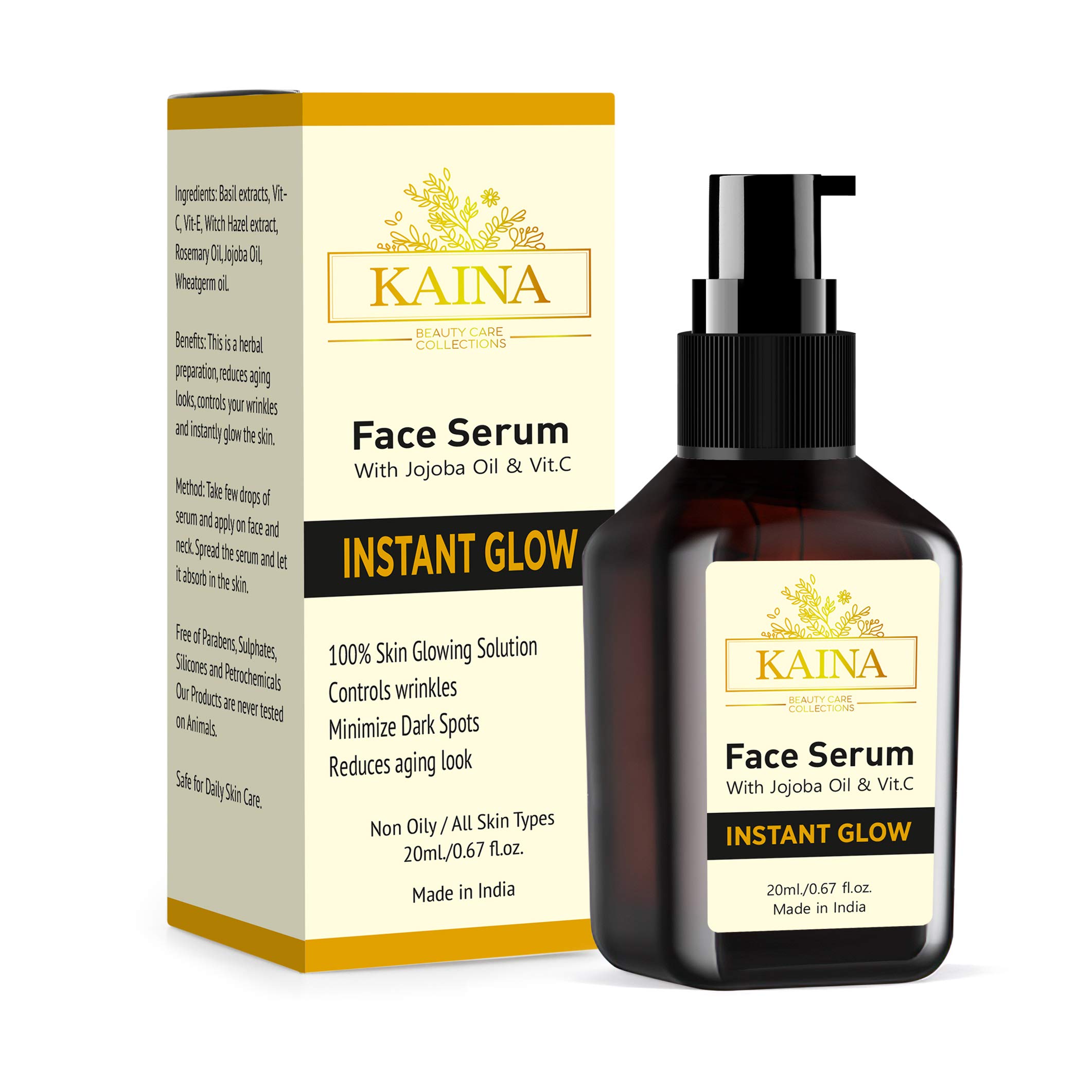 KAINA BEAUTY CARE COLLECTIONS Vitamin C Face Serum | Instant Glow | Be Party Ready |Goodness of Jojoba Oil & Vitamin C | Remove Fine Lines & Wrinkles | Spotless & Glowing Skin | 20 ml