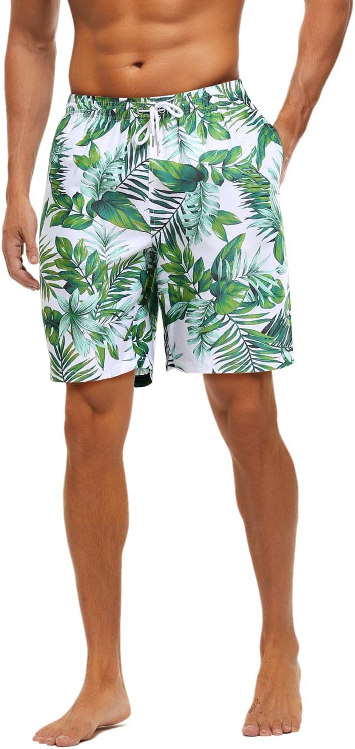 Men's Swim Trunks with Mesh Lining Quick Dry Bathing Suit Above Knee Boardshorts with Pockets, Green, X-Large
