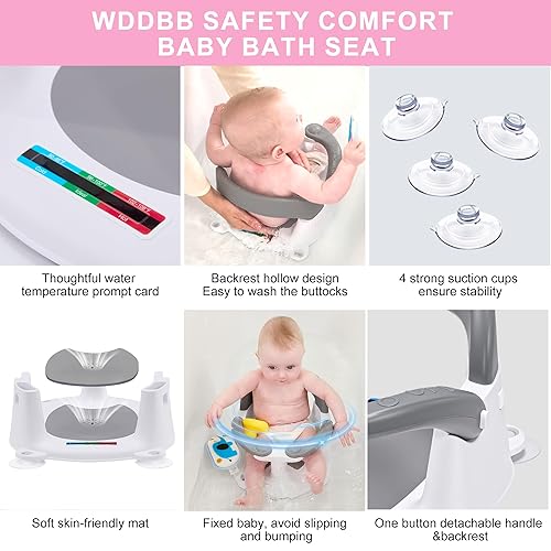 Miniatura 7 de Baby Bath seat for Babies 6 Months & up, 360 Stable Toddler Bath Chair with one-Touch Button, Back Hollow Design, Water Temperature Card & 4 Suction