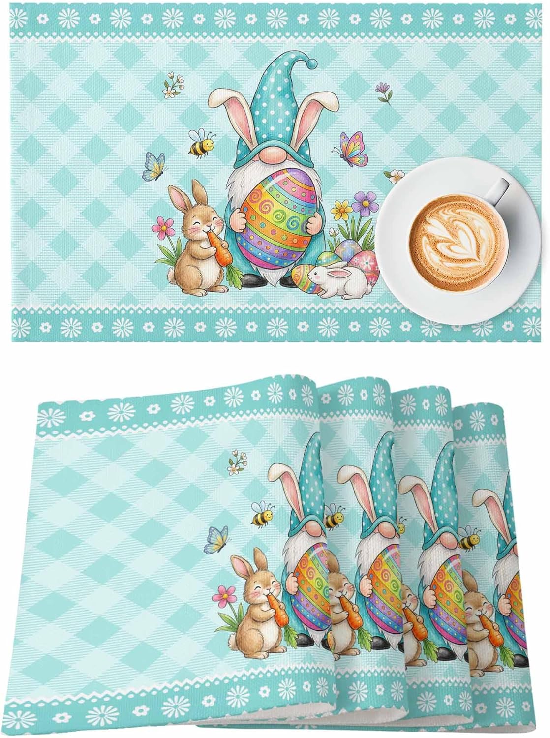Easter Placemats, Set of 6 Anti-Skid Table Mats, Washable Placemats for Kitchen Dining Table Decoration 19x13 Inch - Cute Gnomes Rabbits Colored Eggs Blue