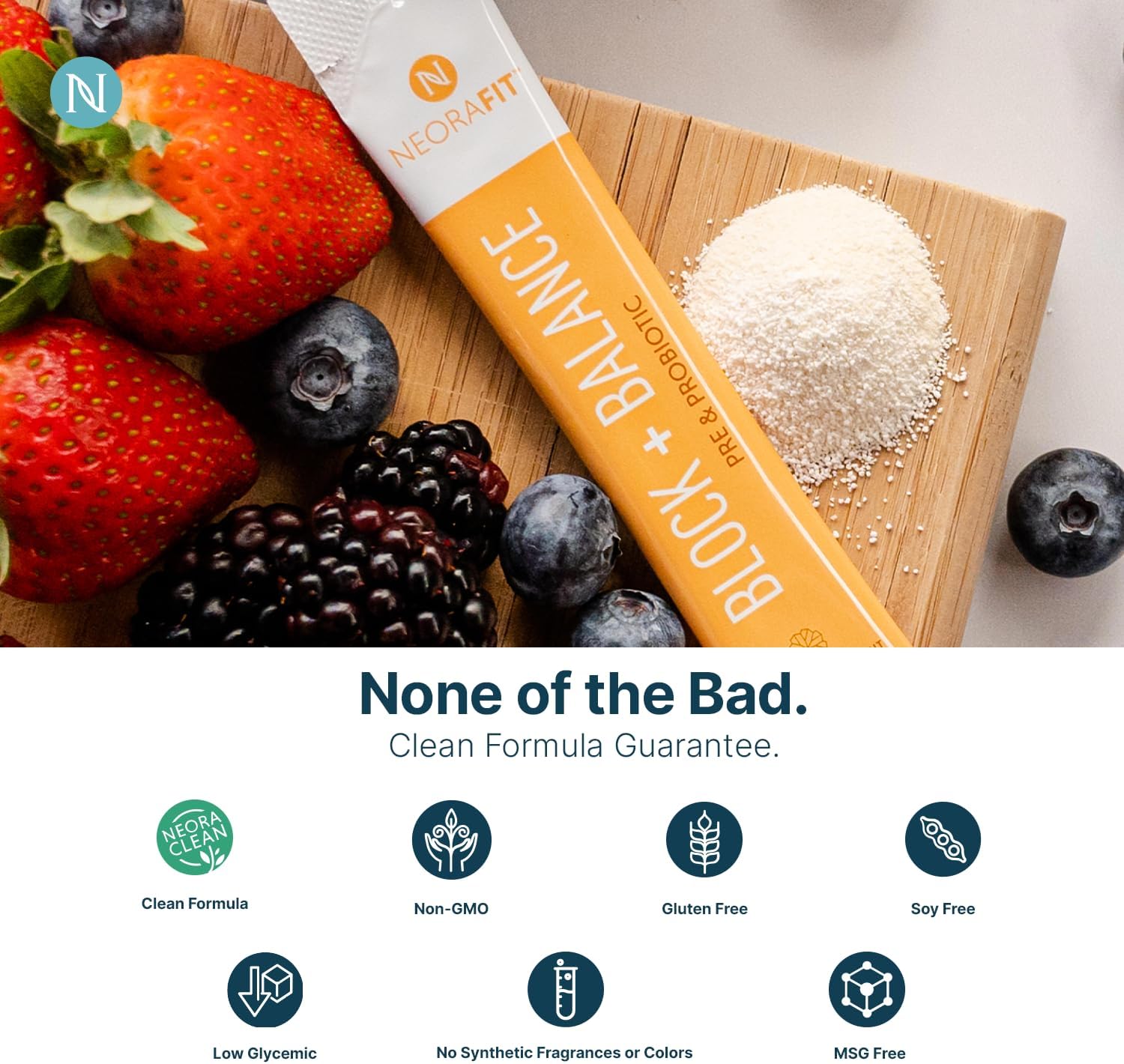 NeoraFit - Block+Balance Pre and Probiotic Powder - Daily Use, Craving Support, Vitamin C & B Blend, Convenient Stick Packs - 30 Count