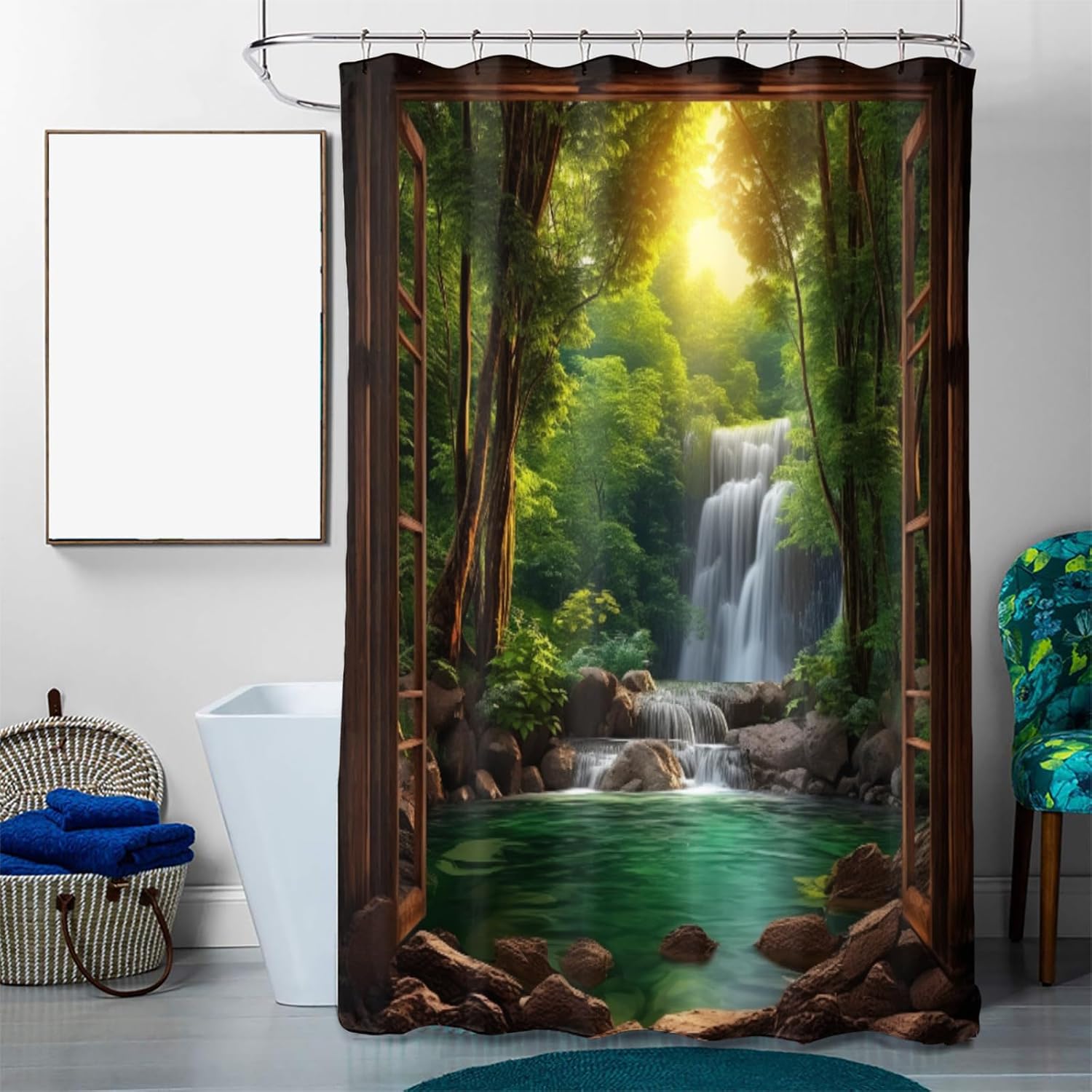 Landscape Shower Curtain Sets with Rugs 4 Piece Waterfall Forest Lake Tree Nature Scenery View Bath Curtain for Bathroom Waterproof Fabric Bathroom Decor Set, 72x72 Inch
