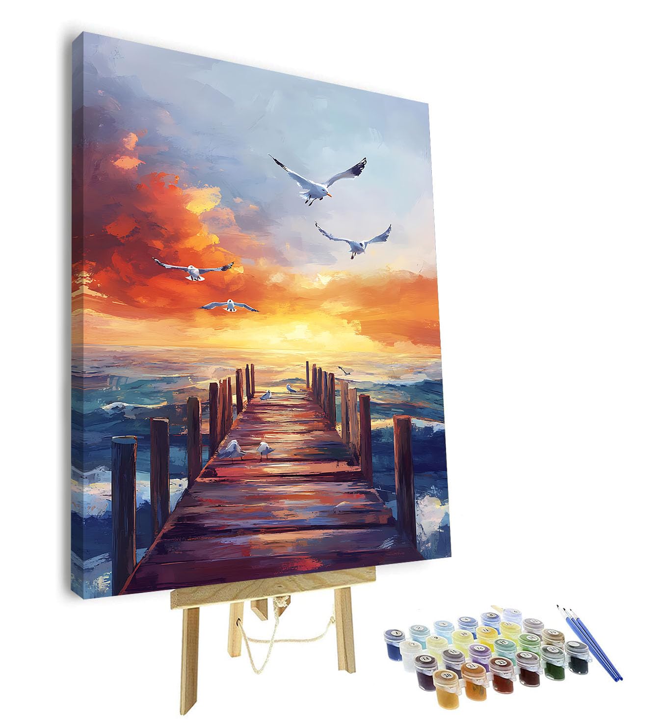 TISHIRON Paint by Numbers Kit for Adults Beginner - Pier Sunset Landscape with Seagulls Flying Over Water, DIY Adult Painting Kits for Home Wall Decor, Relaxing Arts and Crafts, 16x20In (Framed)