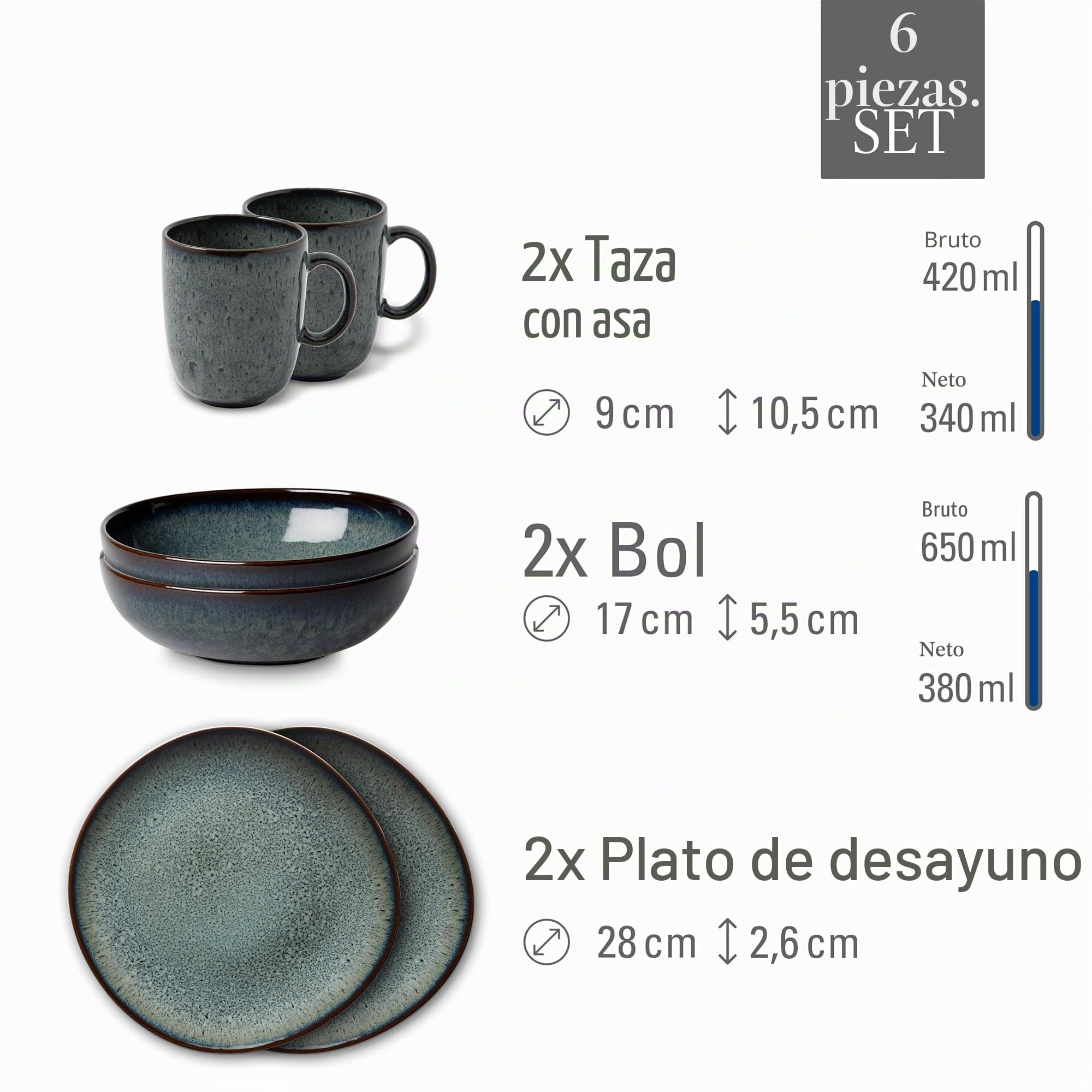 like. by Villeroy & Boch Lave, Set De Vajilla De Loza, 6 Piezas, Aspecto Alfarero, Servicio De Desayuno Para 2 Personas, Gris