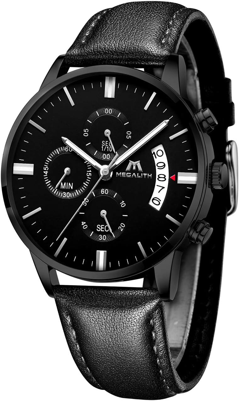 MEGALITH Mens Watches Military Black Watches for Men Chronograph Thin Waterproof Sports Analogue Watch Luminous Date Leather Mens Wrist Watches Business Quartz